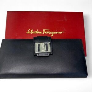 Salvatore Ferragamo - Long Black Leather Wallet Silver Clasp w BOX